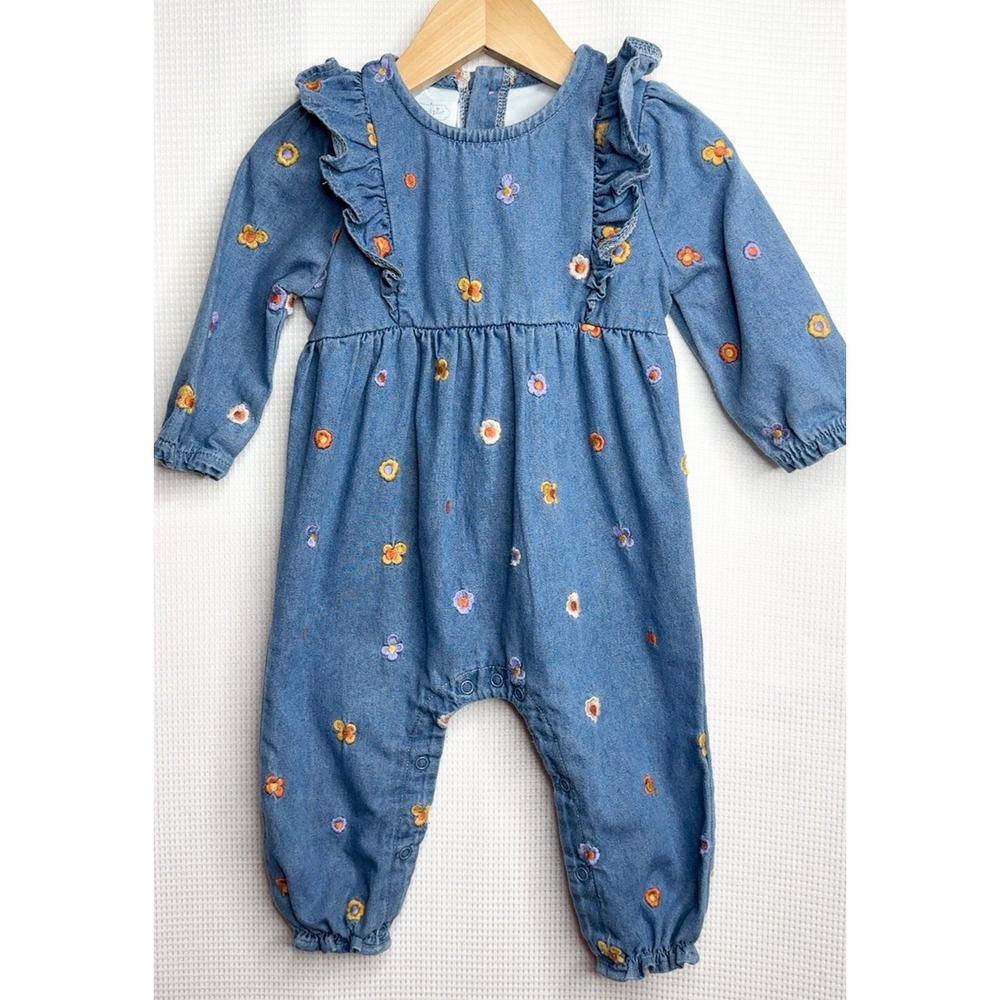 Mud Pie Baby Girls Embroidered Floral Chambray Romper Blue 6-9M Long Sleeve